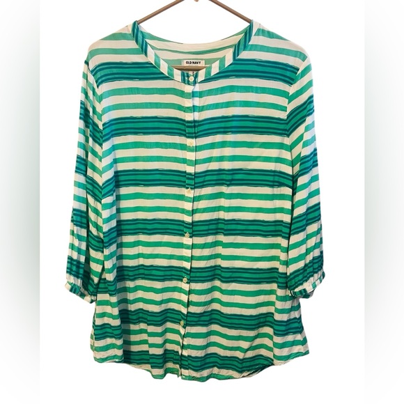 OLD NAVY SZ XL GREEN WHITE MULTI BUTTON FRONT BLOUSE EUC - Picture 1 of 10